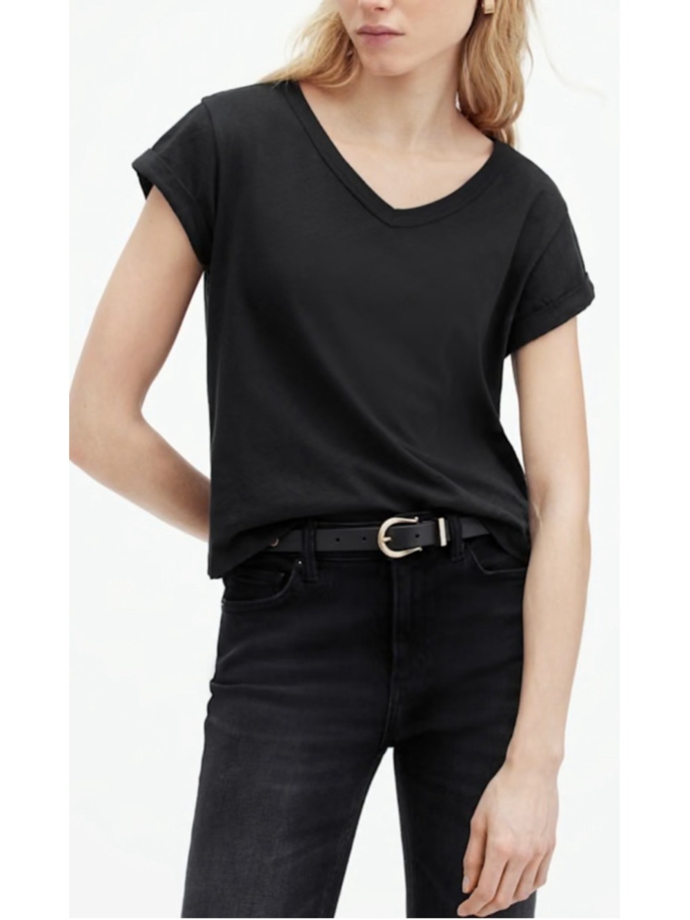 ALLSAINTS ANNA V-Neck Short Sleeve T-Shirt Black Size 2 Minimalist